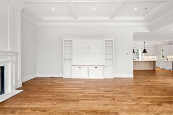 Empty room, Fireplace, Interior, Kitchen, Pendant Lights, Recessed Lighting, Wood Texture Flooring