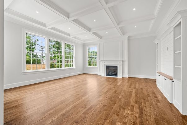 Empty room, Fireplace, Interior, Recessed Lighting, Wood Texture Flooring