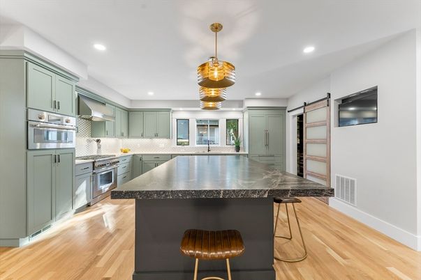Interior, Kitchen, Pendant Lights, Recessed Lighting, Stainless Steel Appliances, Wood Texture Flooring