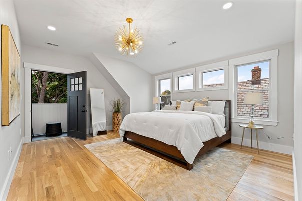 Bedroom, Interior, Pendant Lights, Recessed Lighting, Wood Texture Flooring
