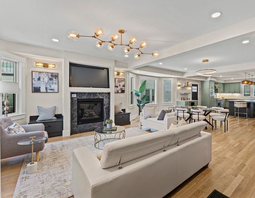Dining room, Fireplace, Interior, Kitchen, Living room, Pendant Lights, Recessed Lighting, Wood Texture Flooring