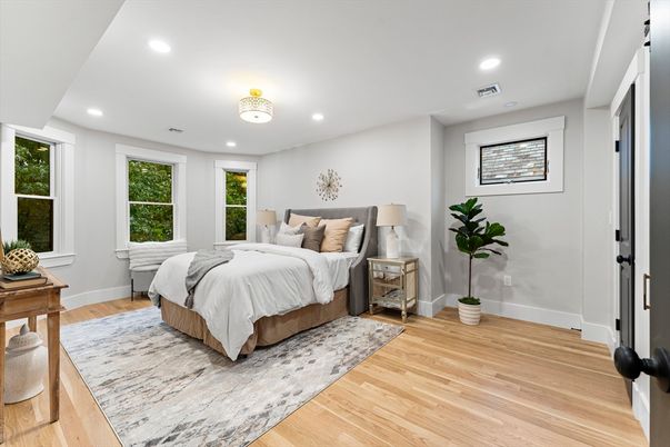 Bedroom, Interior, Recessed Lighting, Wood Texture Flooring