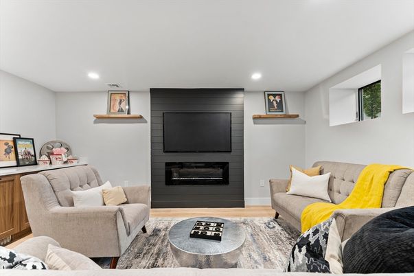Fireplace, Interior, Living room, Recessed Lighting, Wood Texture Flooring