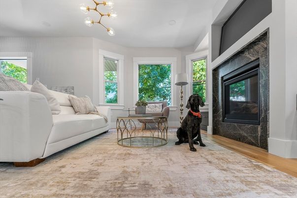 Fireplace, Interior, Living room, Pendant Lights, Wood Texture Flooring