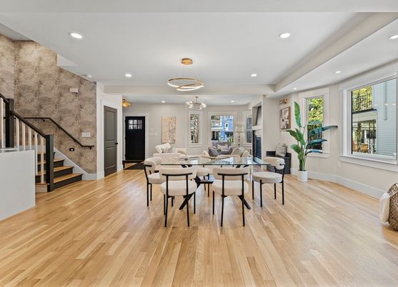 Dining room, Interior, Living room, Recessed Lighting, Wood Texture Flooring