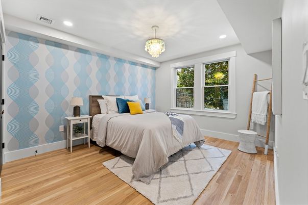 Bedroom, Chandelier, Interior, Recessed Lighting, Wood Texture Flooring