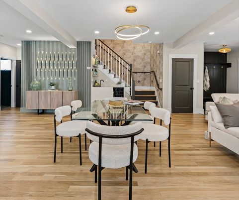 Dining room, Interior, Pendant Lights, Recessed Lighting, Wood Texture Flooring