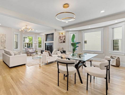 Dining room, Fireplace, Interior, Living room, Pendant Lights, Recessed Lighting, Wood Texture Flooring