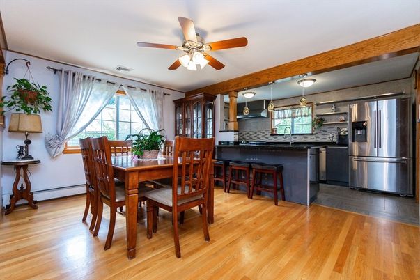 Dining room, Interior, Kitchen, Pendant Lights, Stainless Steel Appliances, Wood Texture Flooring