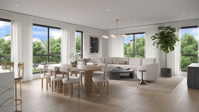 Dining room, Interior, Kitchen, Marble Walls, Pendant Lights, Recessed Lighting, Stainless Steel Appliances, Wood Texture Flooring