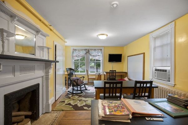 Dining room, Fireplace, Interior, Wood Texture Flooring