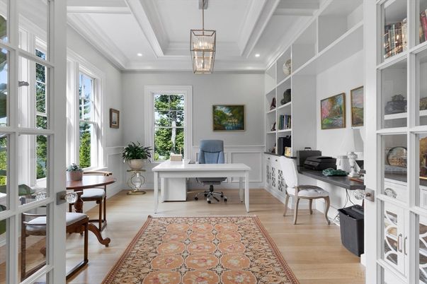 Home Office, Interior, Pendant Lights, Recessed Lighting, Wood Texture Flooring