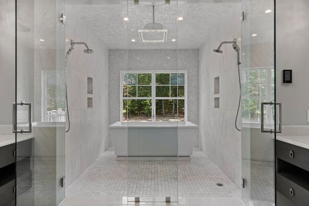Bathroom, Free Standing Baths, Glass Shower, Interior, Marble Walls, Pendant Lights, Recessed Lighting
