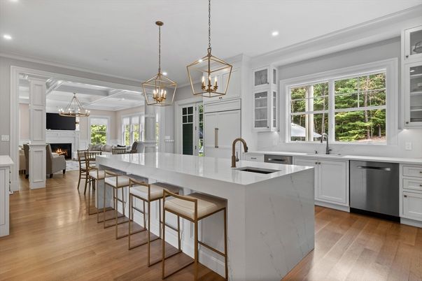 Chandelier, Dining room, Fireplace, Interior, Living room, Pendant Lights, Recessed Lighting, Wood Texture Flooring
