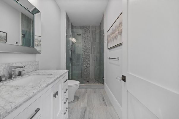Bathroom, Glass Shower, Interior, Wood Texture Flooring