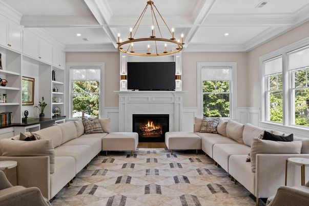 Chandelier, Fireplace, Interior, Living room, Recessed Lighting