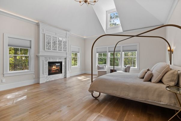 Bedroom, Fireplace, Interior, Wood Texture Flooring