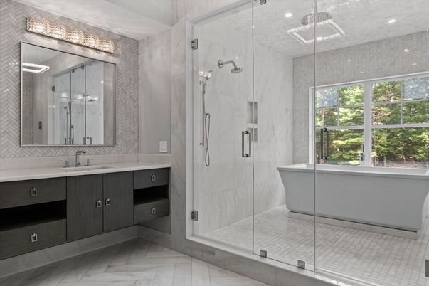 Bathroom, Dual Sink Vanities, Free Standing Baths, Glass Shower, Interior, Marble, Marble Walls, Recessed Lighting