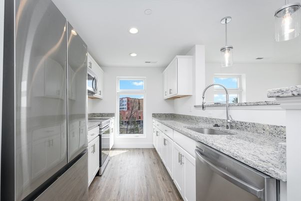 Interior, Kitchen, Pendant Lights, Recessed Lighting, Stainless Steel Appliances, Wood Texture Flooring