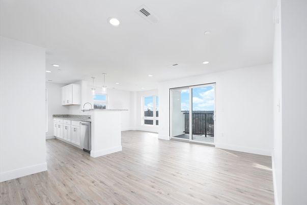 Empty room, Interior, Kitchen, Pendant Lights, Recessed Lighting, Wood Texture Flooring