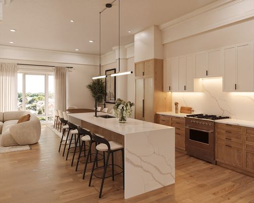Interior, Kitchen, Marble Walls, Pendant Lights, Recessed Lighting, Stainless Steel Appliances, Wood Texture Flooring