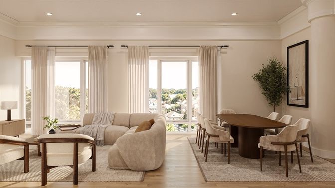 Dining room, Interior, Living room, Recessed Lighting, Wood Texture Flooring