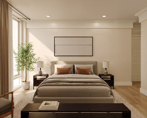 Bedroom, Interior, Recessed Lighting, Wood Texture Flooring
