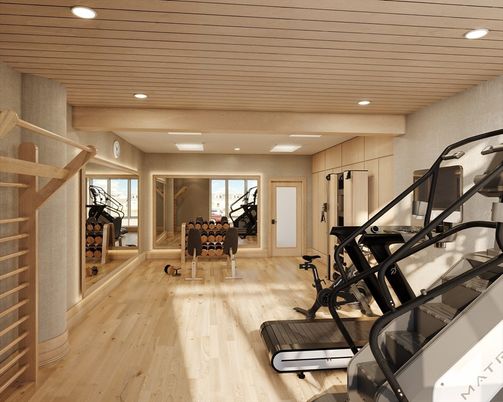 Dining room, Fitness Equipment, Interior, Recessed Lighting, Wood Texture Flooring