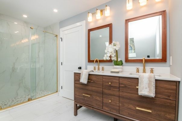 Bathroom, Dual Sink Vanities, Glass Shower, Interior, Marble Walls, Recessed Lighting