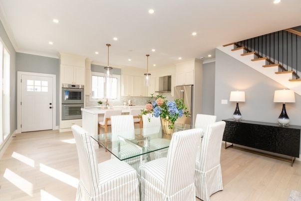 Dining room, Interior, Kitchen, Pendant Lights, Recessed Lighting, Stainless Steel Appliances, Wood Texture Flooring