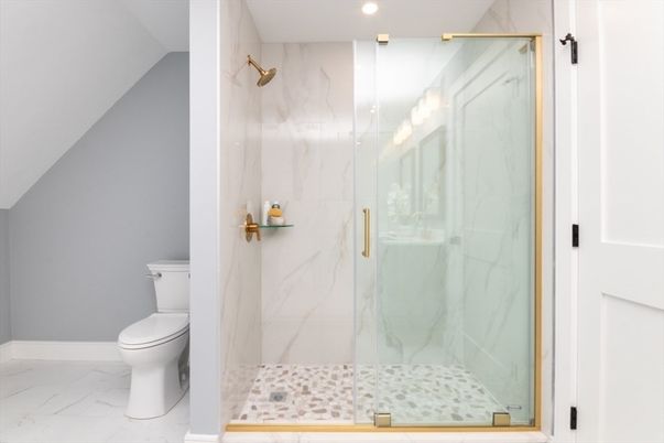 Bathroom, Glass Shower, Interior, Marble, Marble Walls, Recessed Lighting