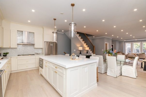 Dining room, Interior, Kitchen, Pendant Lights, Recessed Lighting, Stainless Steel Appliances, Wood Texture Flooring