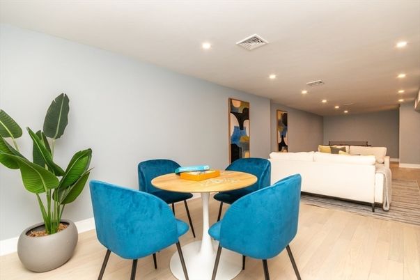 Dining room, Interior, Living room, Recessed Lighting, Wood Texture Flooring