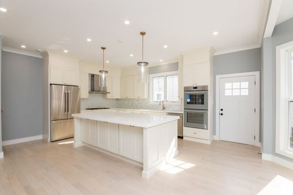 Interior, Kitchen, Pendant Lights, Recessed Lighting, Stainless Steel Appliances, Wood Texture Flooring