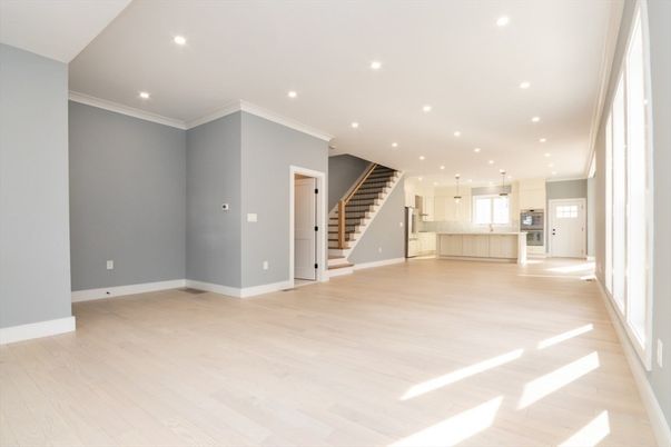 Empty room, Interior, Kitchen, Pendant Lights, Recessed Lighting, Wood Texture Flooring