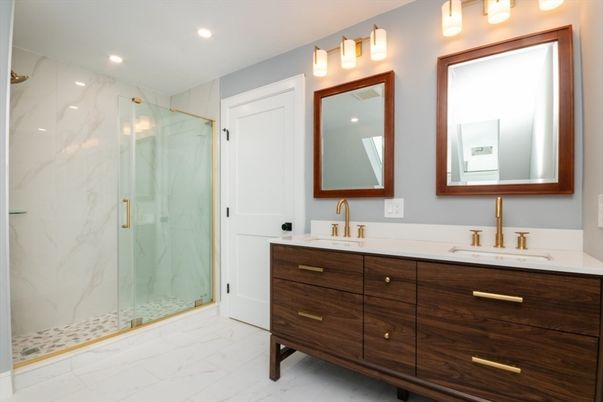 Bathroom, Dual Sink Vanities, Glass Shower, Interior, Marble, Marble Walls, Recessed Lighting