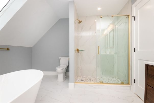 Bathroom, Free Standing Baths, Glass Shower, Interior, Marble, Marble Walls, Recessed Lighting