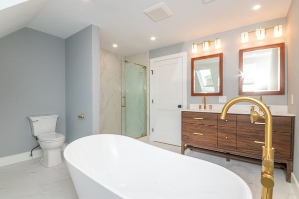 Bathroom, Dual Sink Vanities, Free Standing Baths, Glass Shower, Interior, Marble, Marble Walls, Recessed Lighting