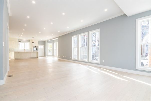 Empty room, Interior, Kitchen, Pendant Lights, Recessed Lighting, Wood Texture Flooring
