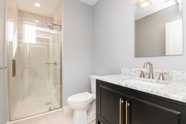 Bathroom, Glass Shower, Interior, Marble Walls, Recessed Lighting