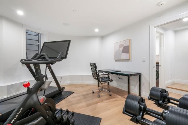 Fitness Equipment, Home Office, Interior, Recessed Lighting, Wood Texture Flooring