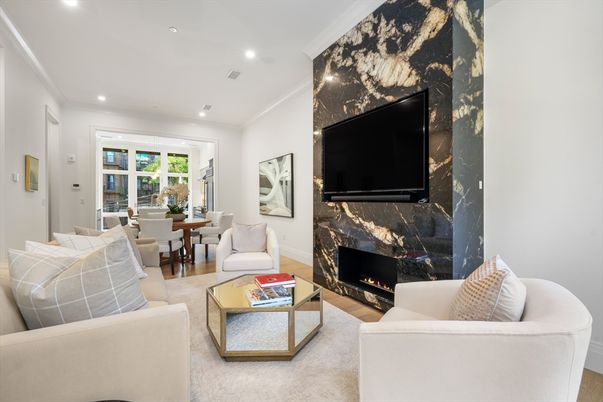 Dining room, Fireplace, Interior, Living room, Recessed Lighting, Wood Texture Flooring
