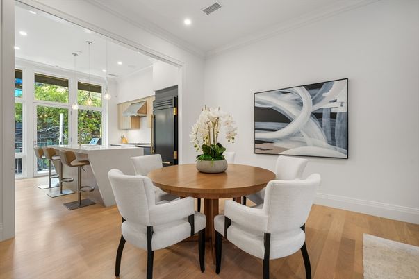 Dining room, Interior, Kitchen, Pendant Lights, Recessed Lighting, Wood Texture Flooring