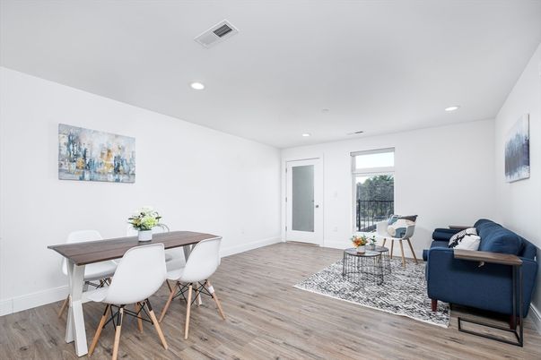 Dining room, Interior, Recessed Lighting, Wood Texture Flooring