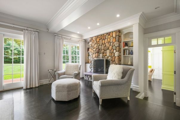 Fireplace, Interior, Recessed Lighting, Stone Walls, Wood Texture Flooring