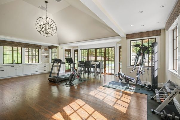 Chandelier, Fitness Equipment, Interior, Recessed Lighting, Wood Texture Flooring