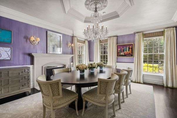 Chandelier, Dining room, Fireplace, Interior, Wood Texture Flooring