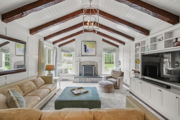 Fireplace, Interior, Living room, Pendant Lights, Wooden Beams