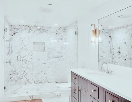Bathroom, Glass Shower, Interior, Marble, Marble Walls, Recessed Lighting
