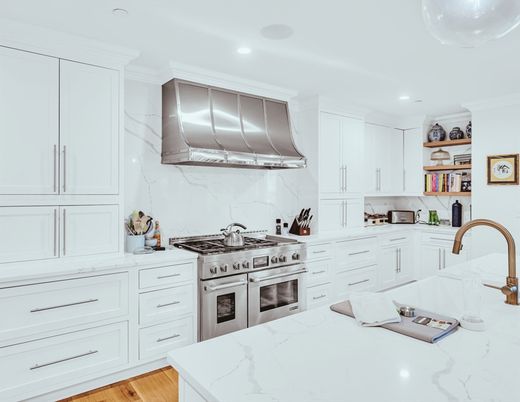 Interior, Kitchen, Marble Walls, Recessed Lighting, Stainless Steel Appliances, Wood Texture Flooring